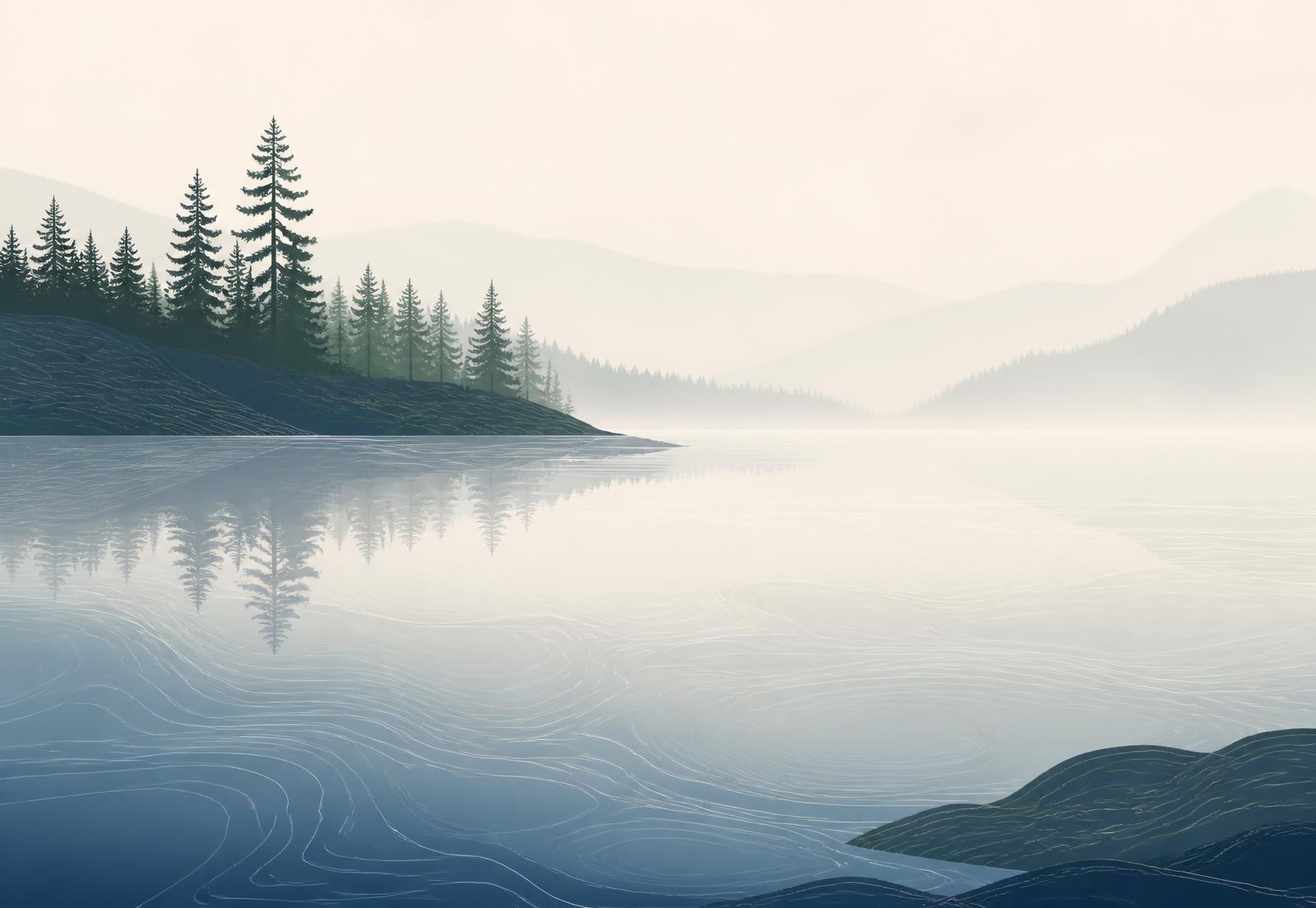 Illustration of a still Nordic lake with a low pine forest in soft morning mist.
