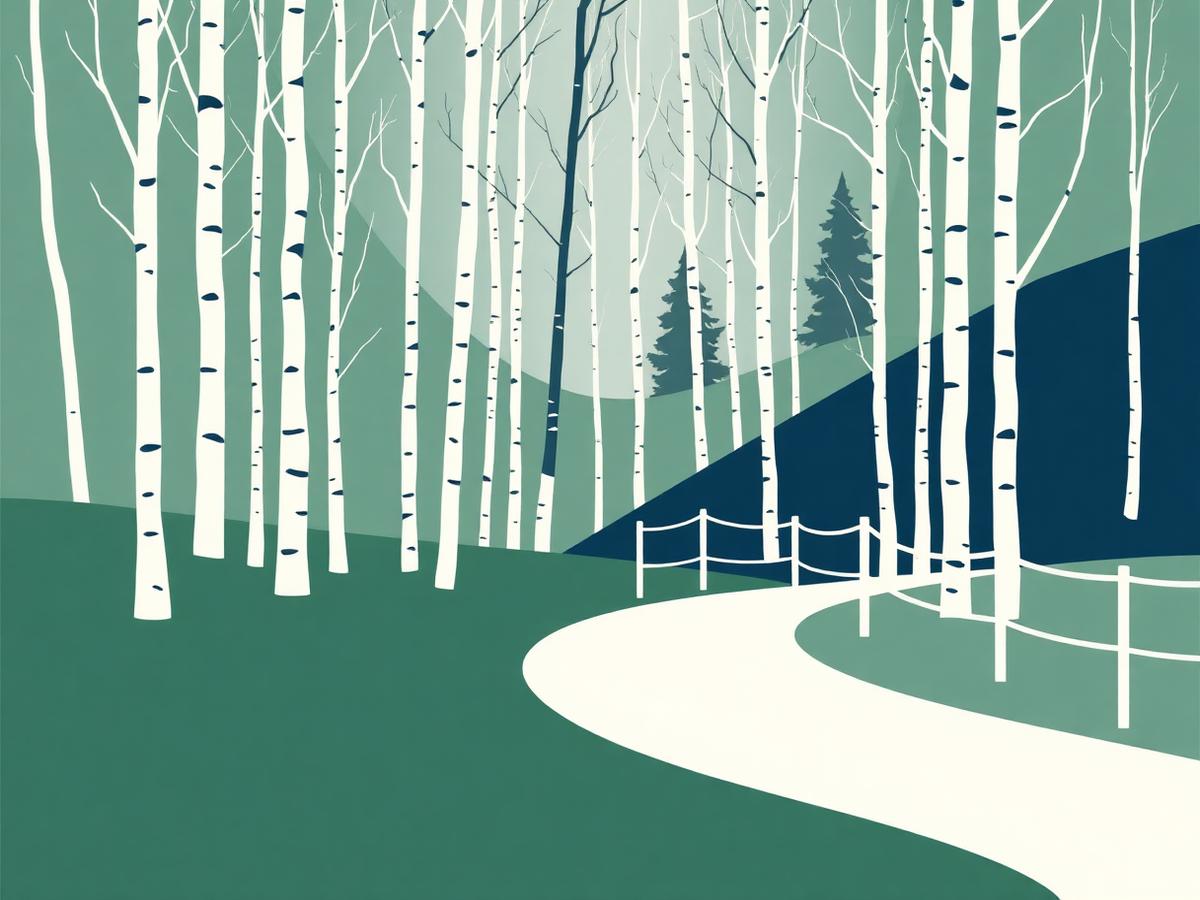 Abstract illustration of a curving path through birch trees with a handrail.